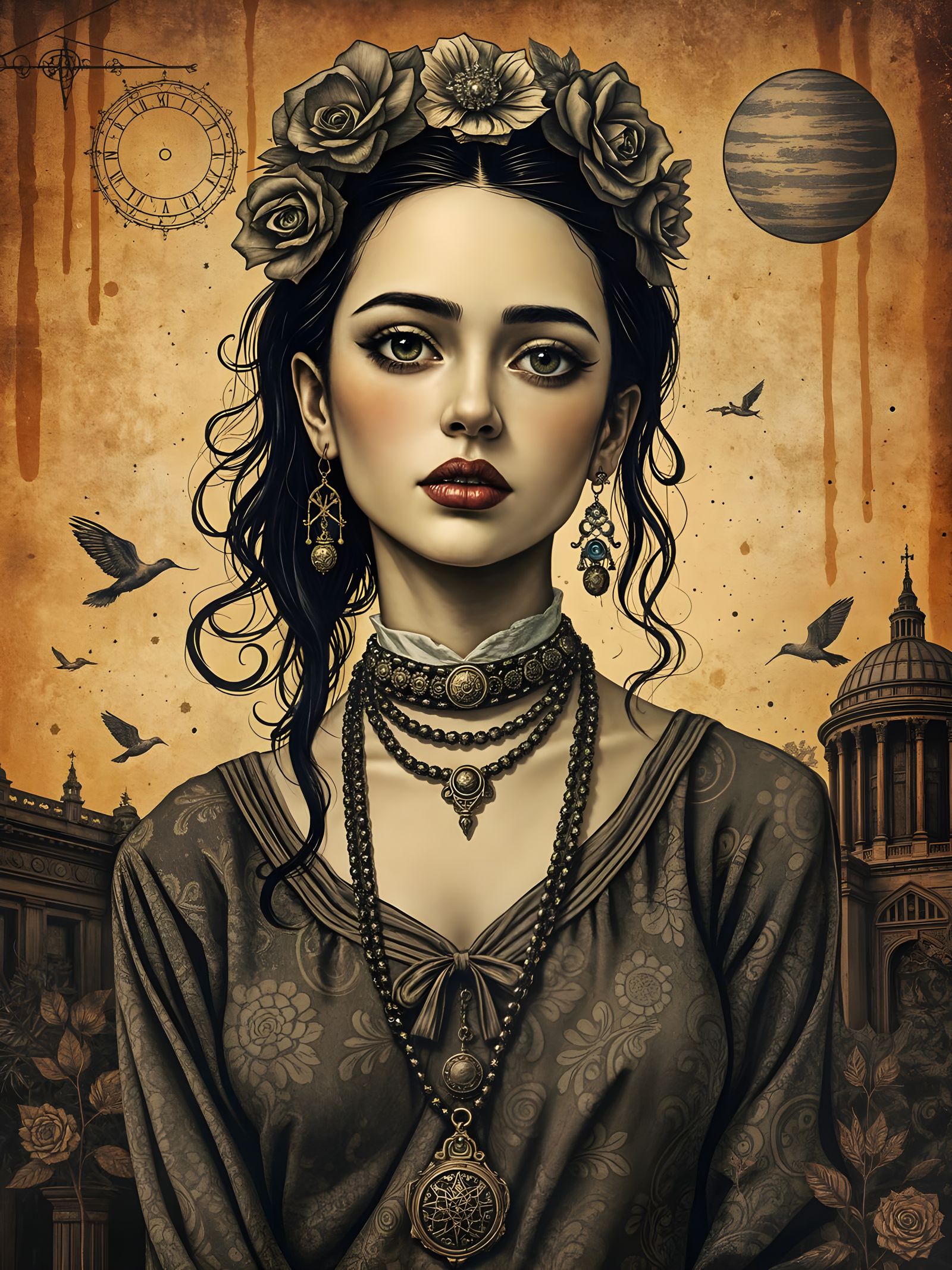 🎶🔮🍒☄️Smoldering starry sepia steampunk, Michelle Emblem, Junji Ito, Jackson Pollock, Frida Kahlo