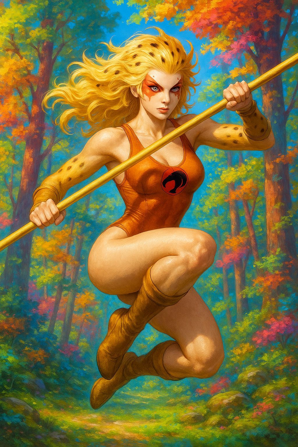 Cheetara Leaping Through a Colorful Forest with Bo Staff