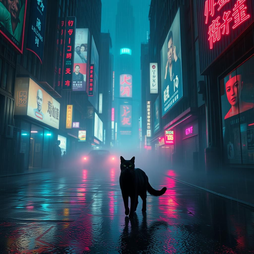 Black Cat in a Cyberpunk Cityscape