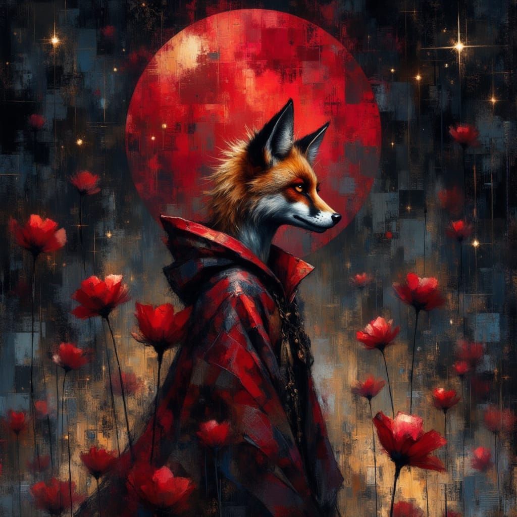 Fox in Crimson Cloak Under Red Moon