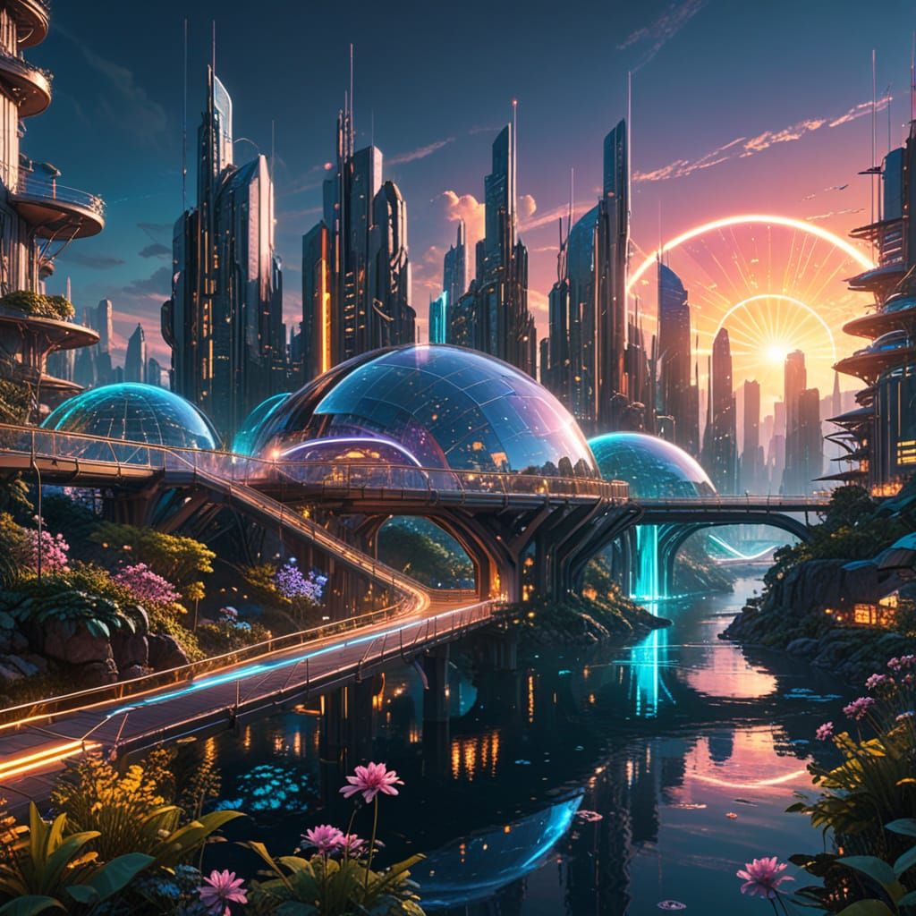 Ethereal Solarpunk Cityscape with Rainbow Bridges and Biolum...