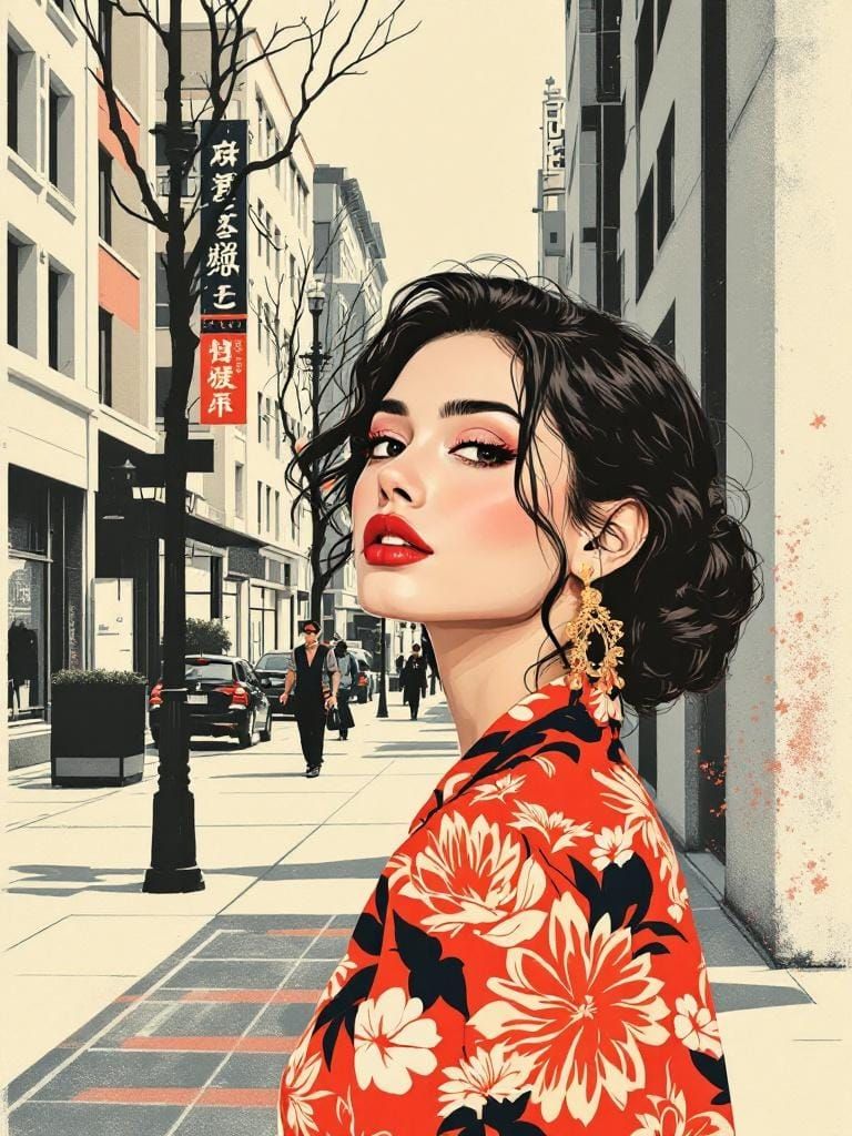 Pin-Up Woman on Sidewalk in Woodblock Style