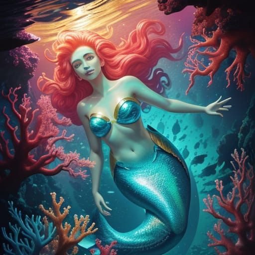 Mermaid Swims in Bioluminescent Coral Reef: Concept Art