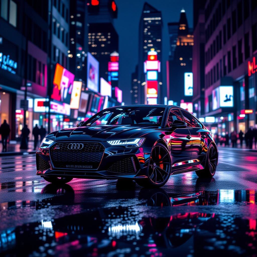 Black Audi RS6 on Wet New York Street at Night