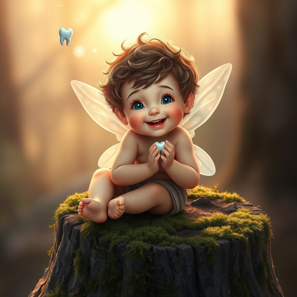 Boy and Tooth Fairy in Dreamlike Landscape