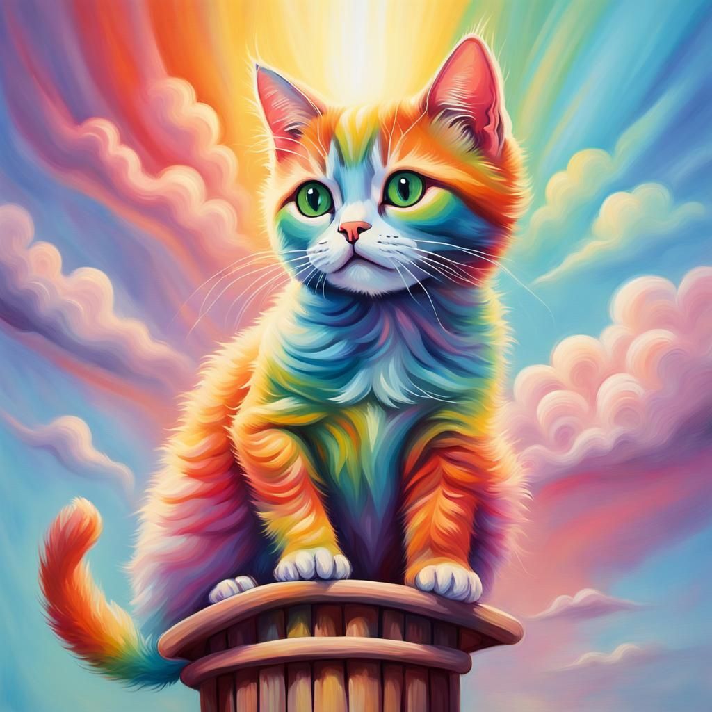 Rainbow Cat Climbing Tower as Oil Painting