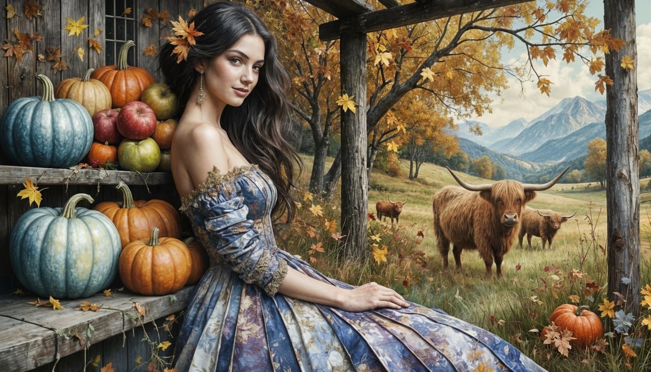 Young Woman with her cows selling produce at the farm stand -creative upscale-