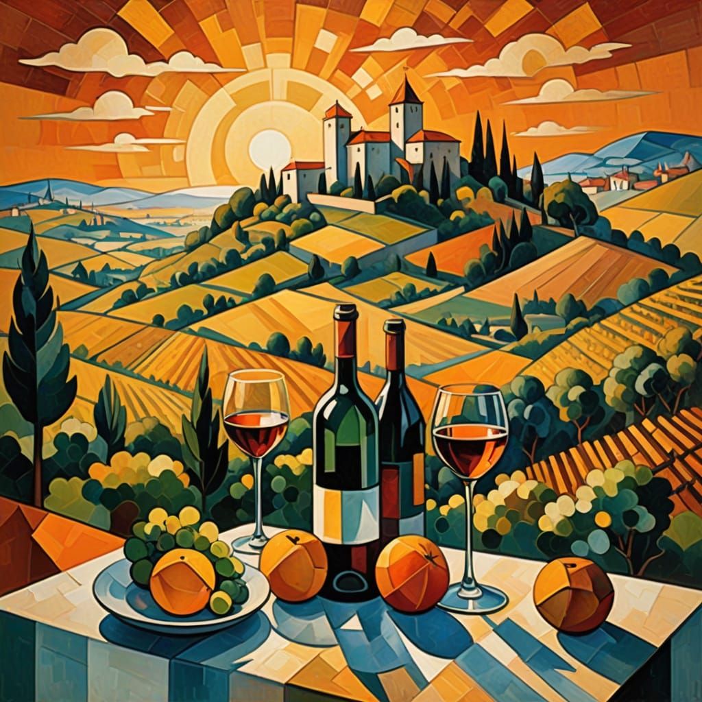 Cubist French Vineyard Scene at Sunset