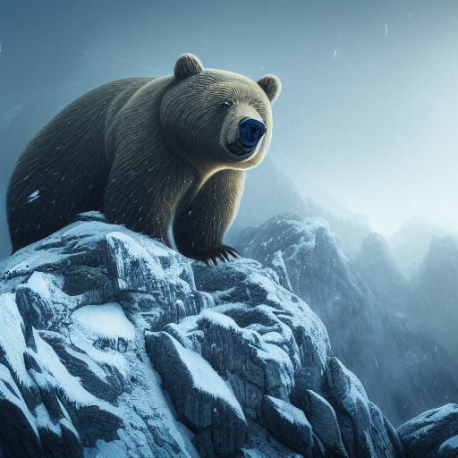 Giant One-Eyed Bear in Snowy Mountain Landscape