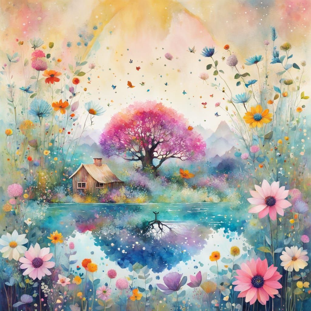 Surreal Wildflower Illustration with Cubist Details