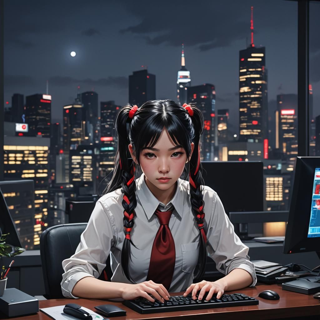 Asian Woman Typing at Night: Hyperrealistic 3D Anime Art