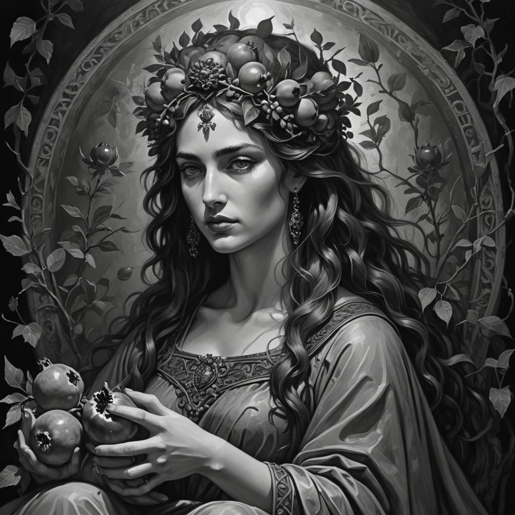 Grayscale Portrait of Persephone on her Underworld Throne