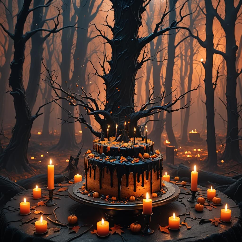 Glowing Halloween Cake in Eerie Forest: Fantasy Concept Art
