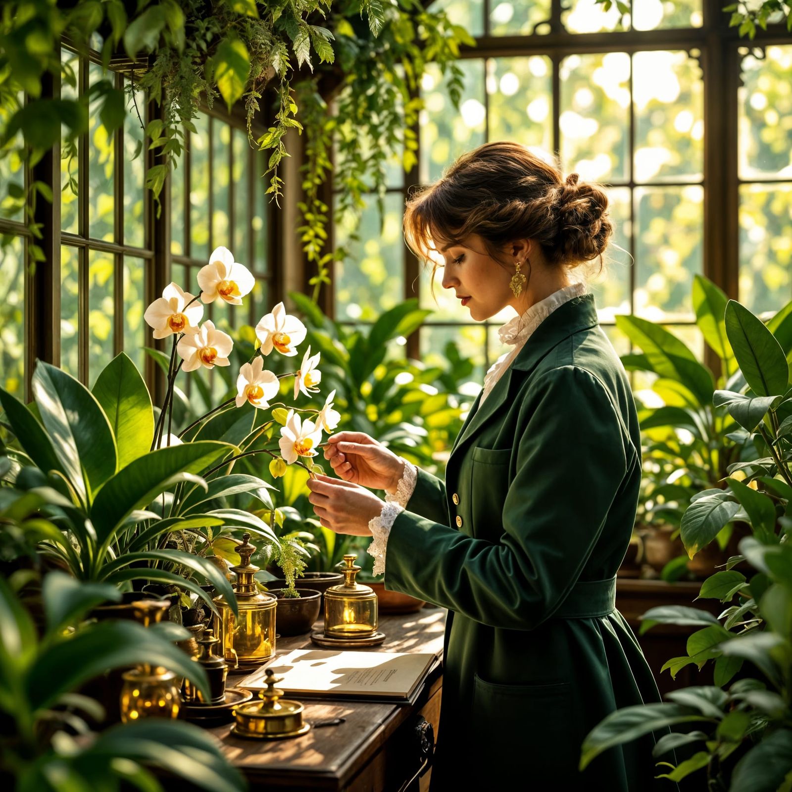 Victorian Botanist in Greenhouse with Rare Orchids