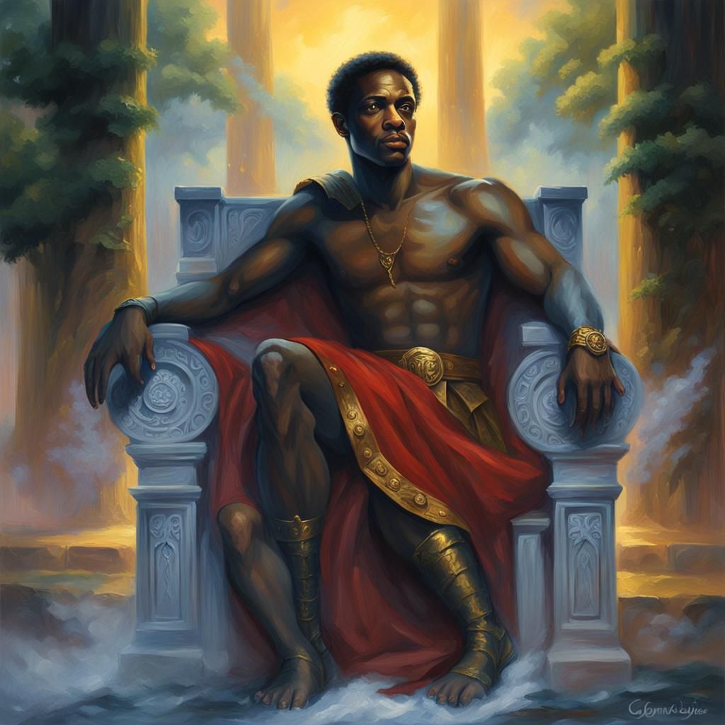 Young Black Julius Caesar on Throne, Kinkade Style