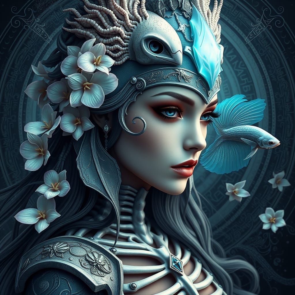 Mystical Goddess with Bioluminescent Hair and Phoenix Headpi...