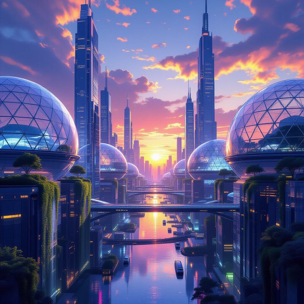 Hyper-Modern Cities Within Alien Sunset Geodesic Domes