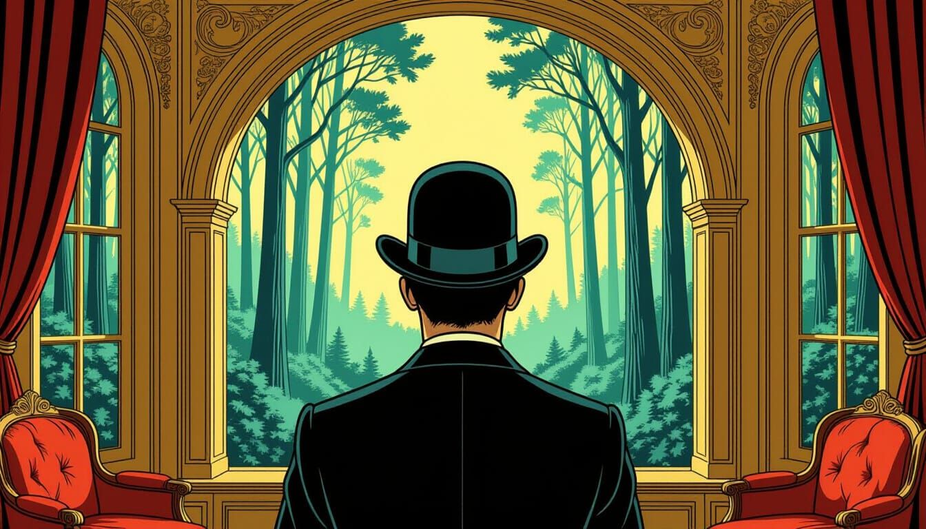 Man in Bowler Hat Gazes into Surreal Forest Cosmos Living Ro...