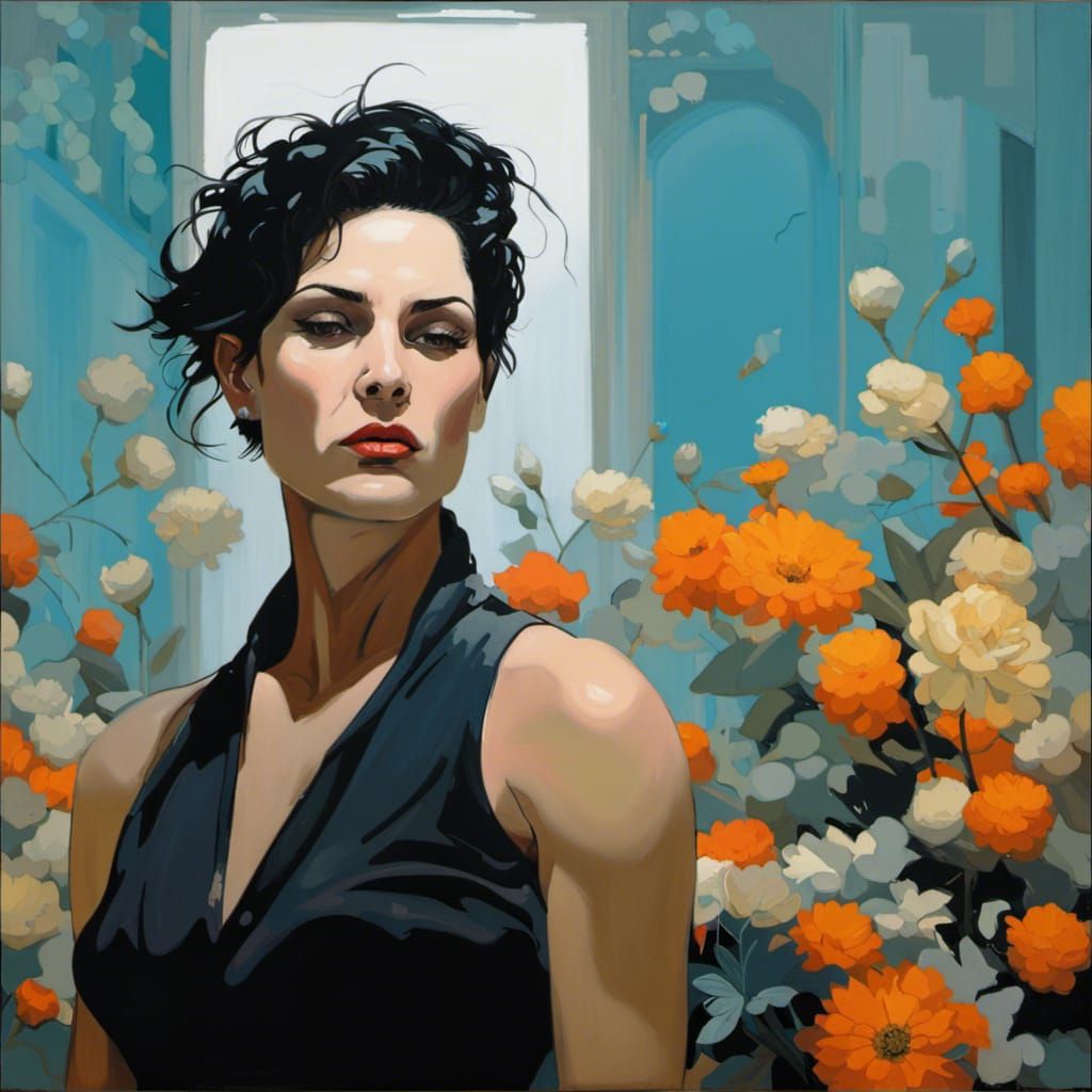 Punk Woman Surrounded by Flowers: Oil Painting Style