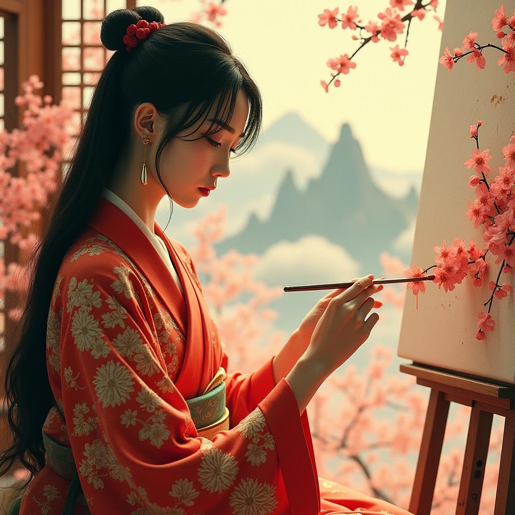 Japanese Woman Painting Self-Portrait in Kimono