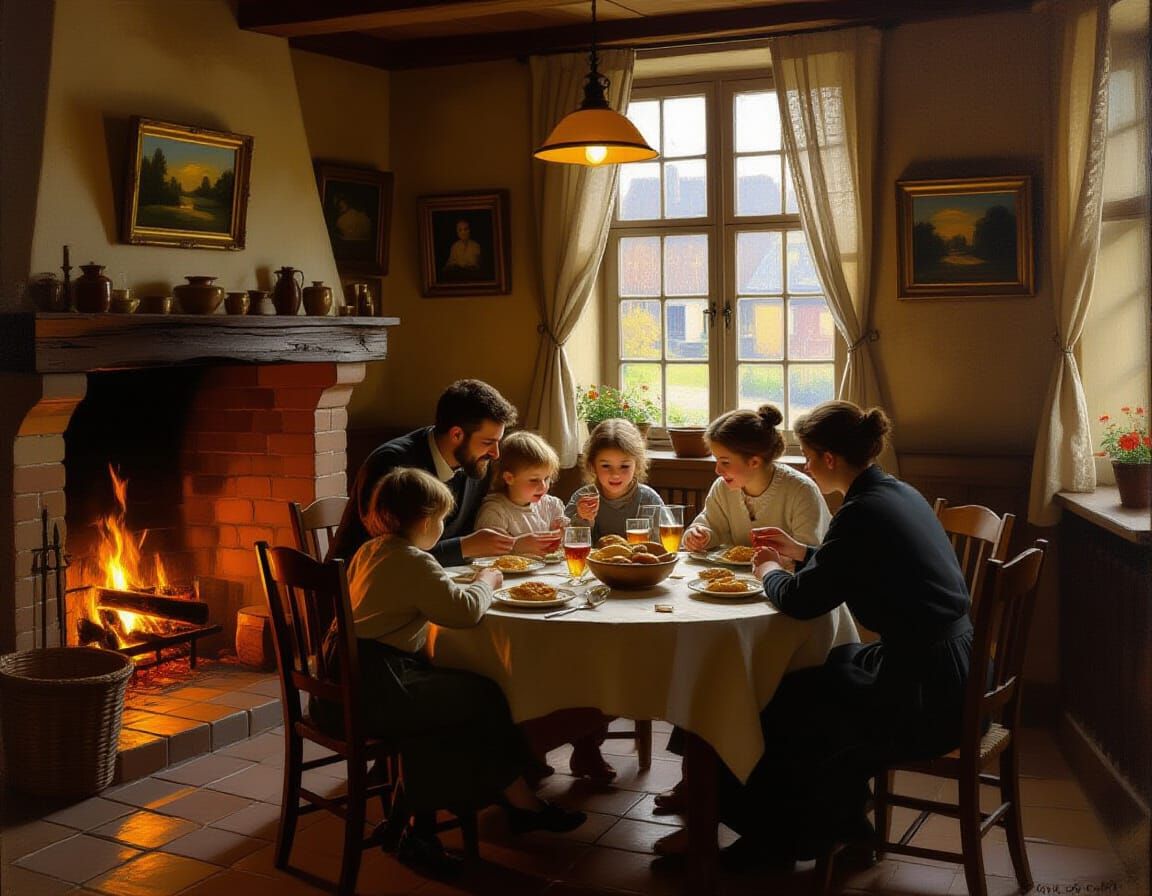 Cozy Tavern Interior Oil Painting with Family