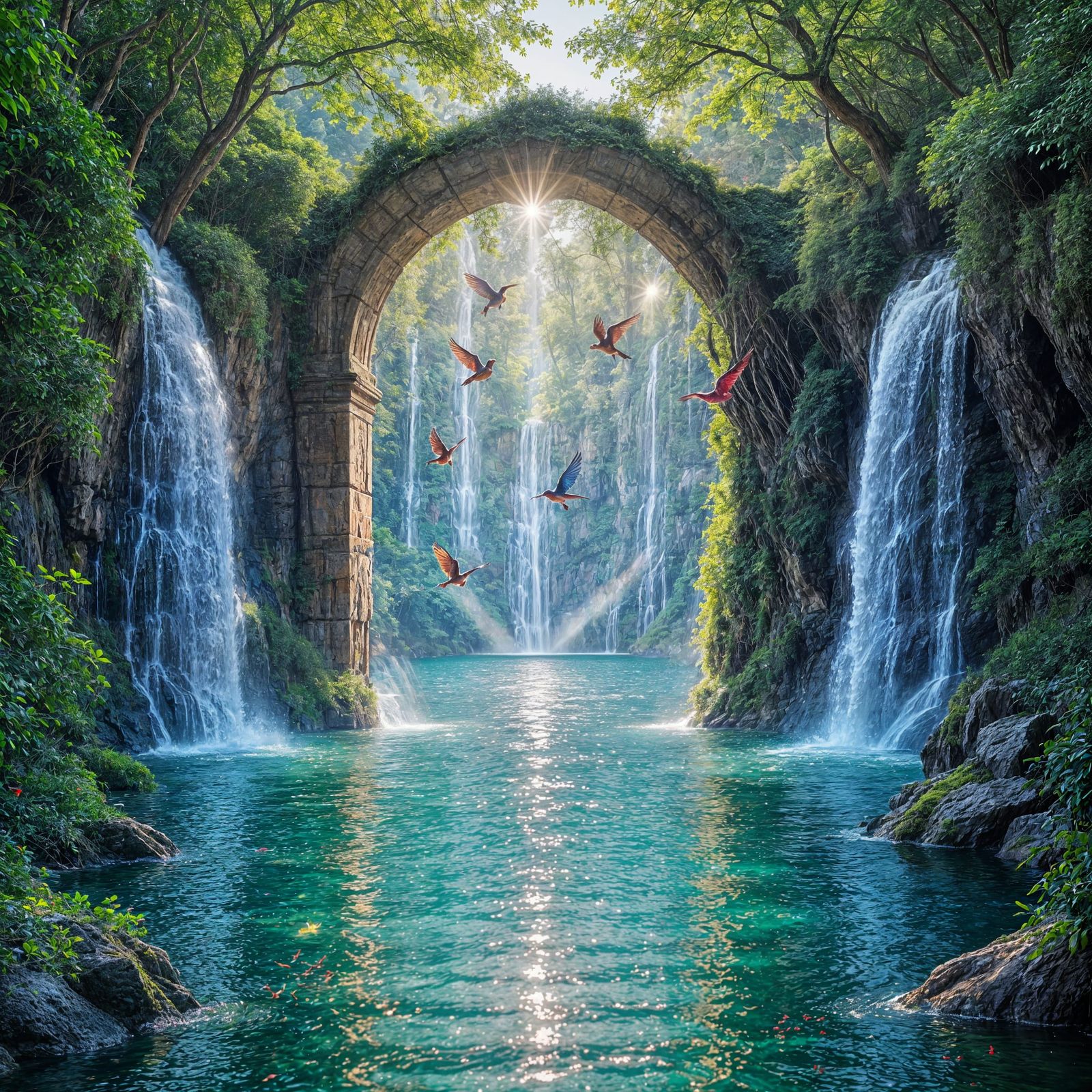 Mystical Doorway Through Waterfall to Hidden Sunlit Lake