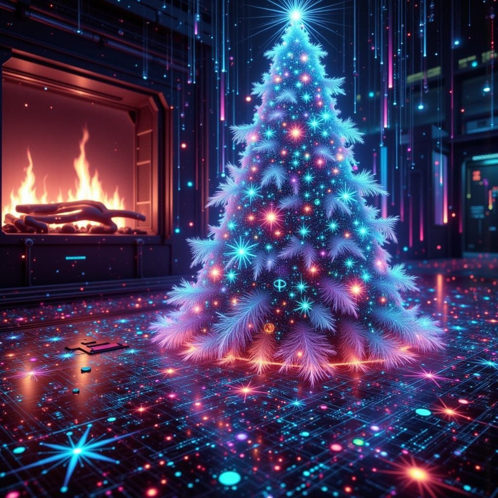 Futuristic Cyber Christmas Tree with Holographic Ornaments