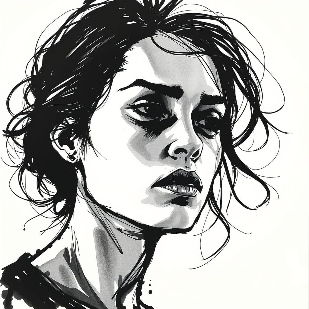Contemplative Woman Portrait in Expressive Ink Style