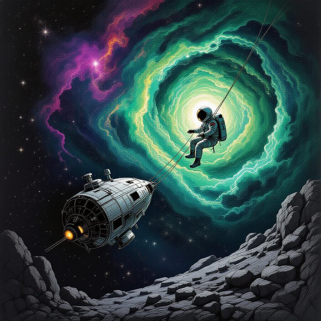 Astronaut Adrift in Cosmic Void with Starship and Nebulae