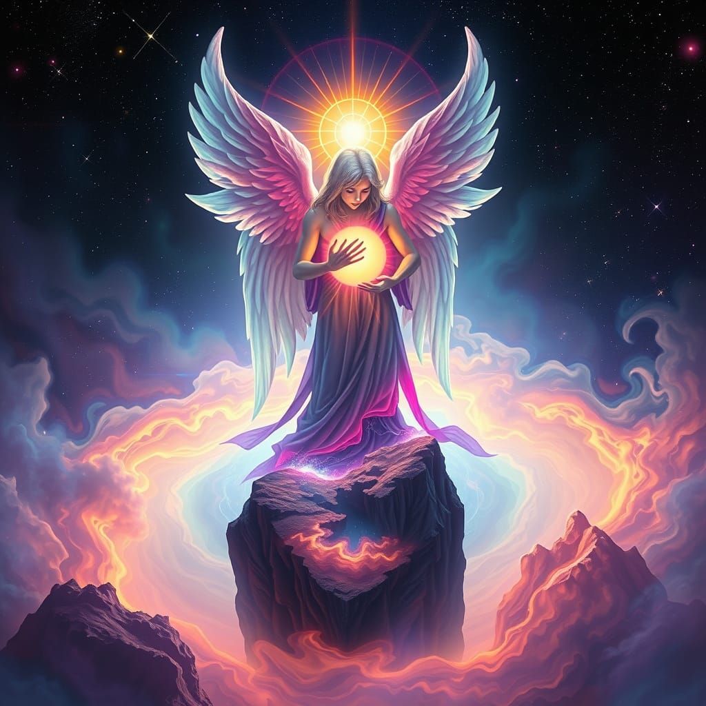 Celestial Angel of Death in Vibrant Holographic Style