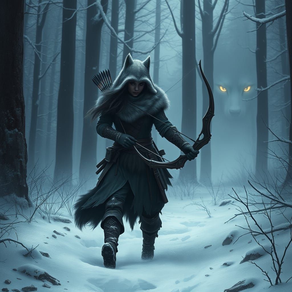 Wolf Skin Huntress in Snowy Dark Forest