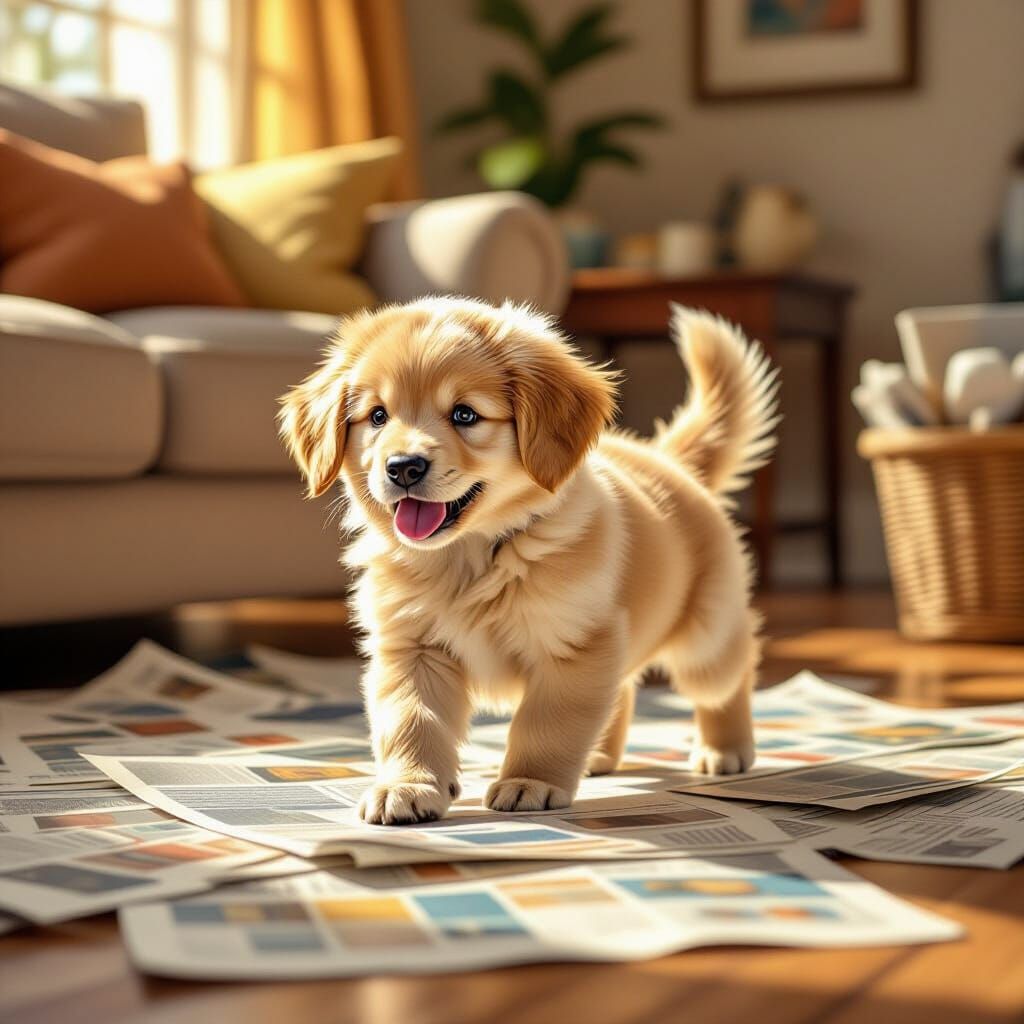 Golden Retriever Puppy on Newspapers in Cozy Living Room
