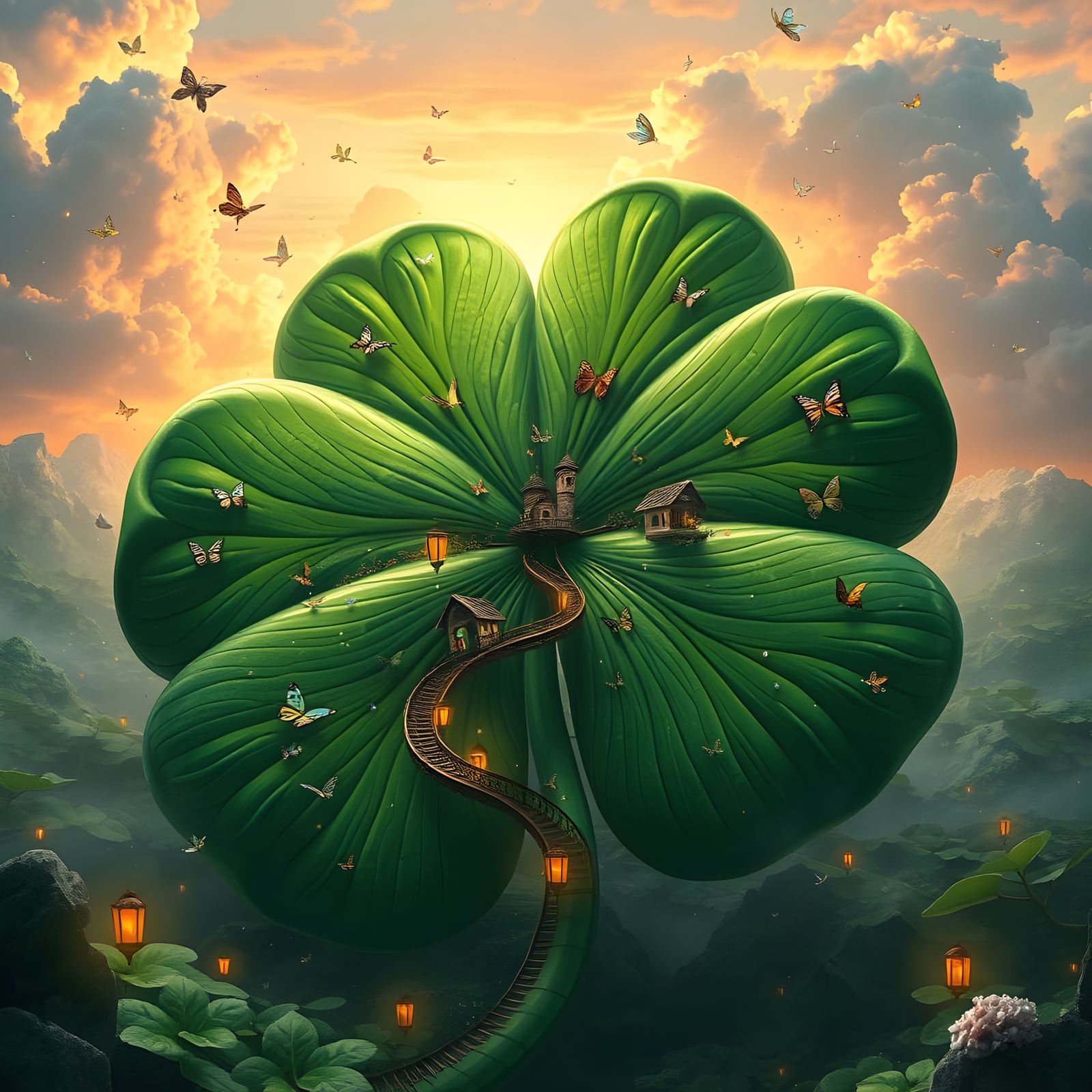 A giant four leaf clover with people living in it as a home