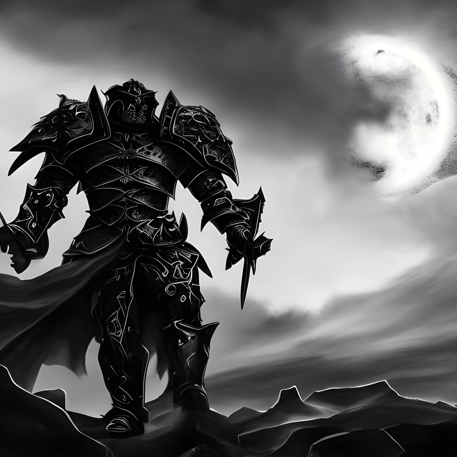 Armored Warrior Faces Demon Under Eclipse
