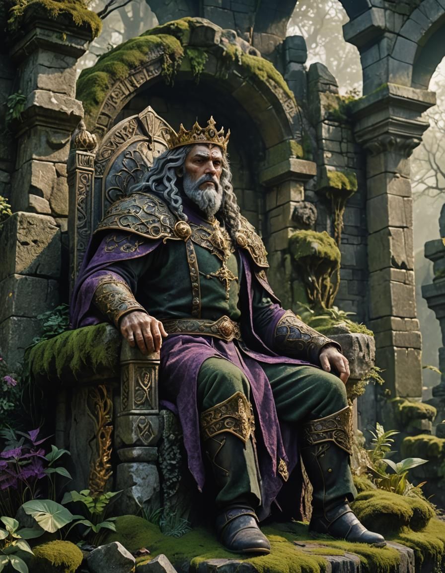 Regal Fantasy King Sitting on Weathered Throne