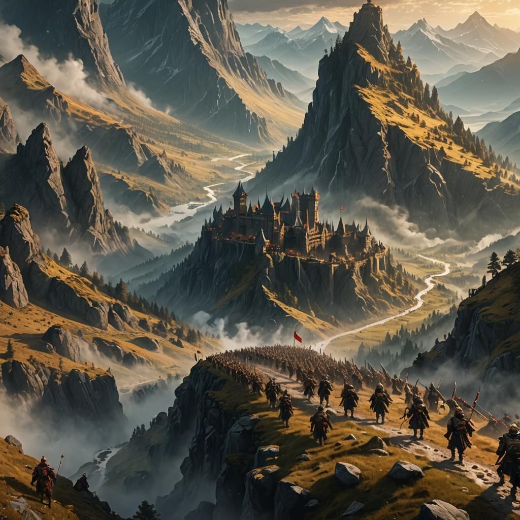 Epic Fantasy Army Marches Through Misty Mountains