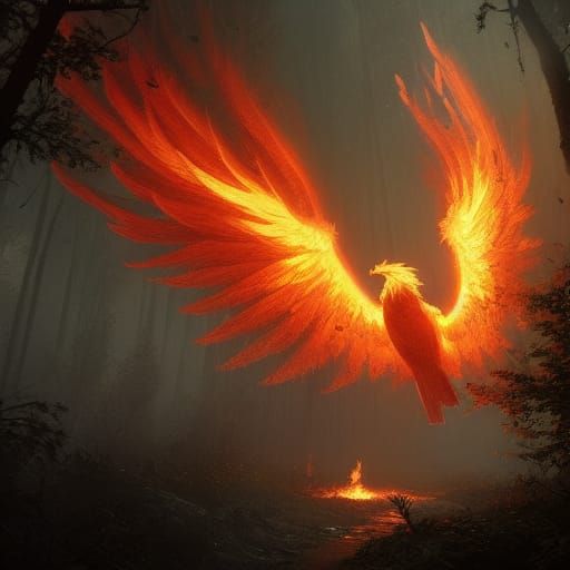 Firebird Ascending Over Burning Forest in Dark Fantasy Art