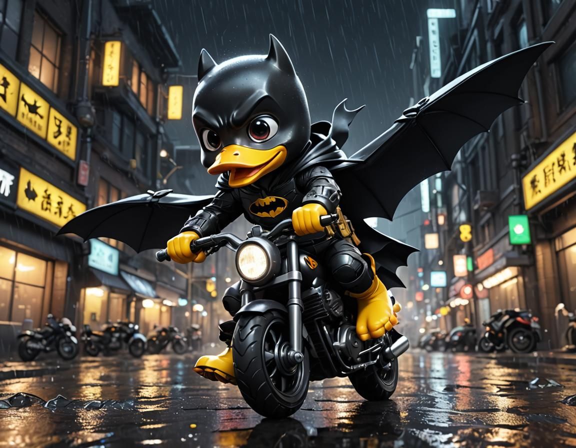 Chibi Batman Duck Rides Motorbike in Gotham