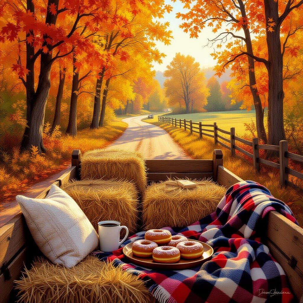 Cozy Fall Hayride Wagon Scene in Golden Sunlight