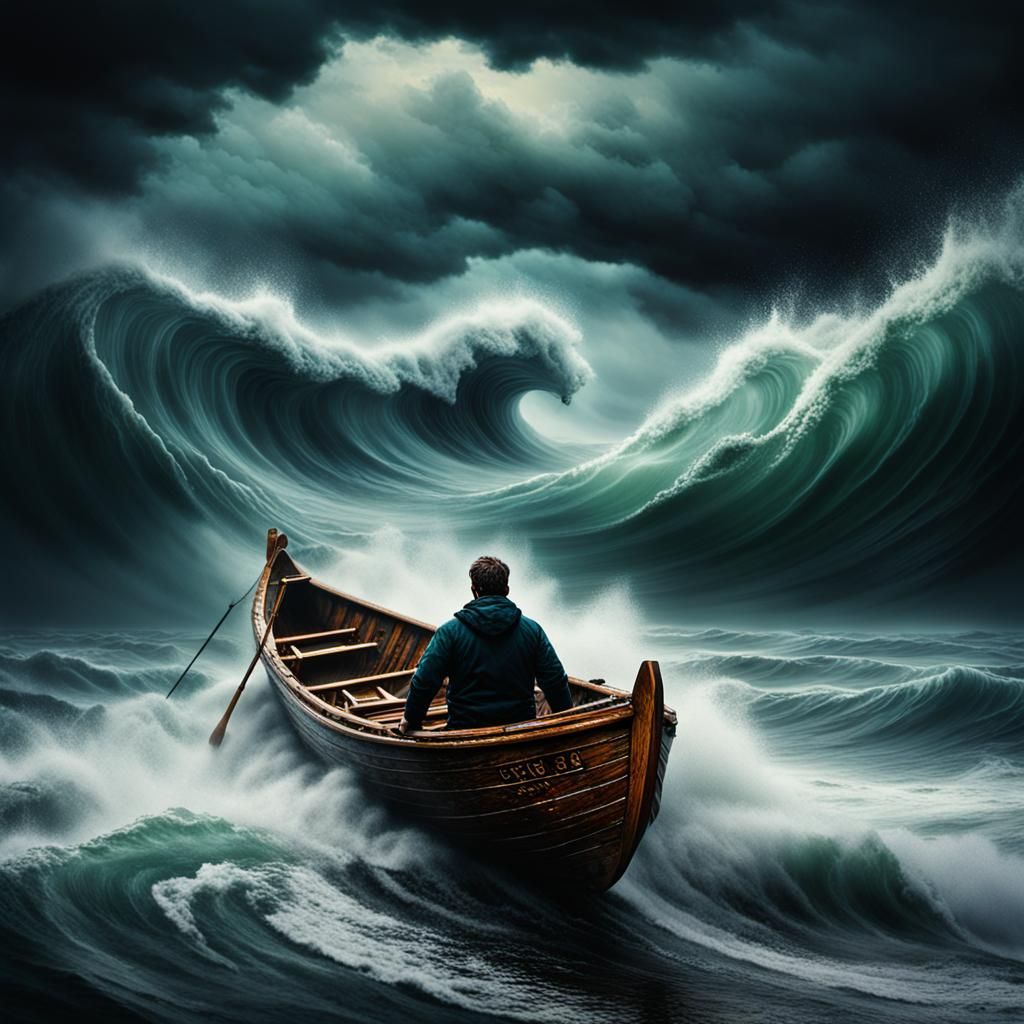 Currach Navigating Maelstrom: Dramatic Digital Art