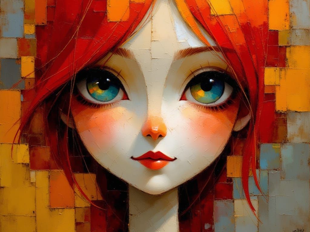 Ethereal Gypsy Punk Portrait with Wild Red Hair and Huge Eye...