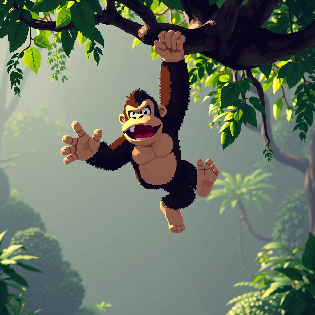Pixelated Donkey Kong Hanging from Tree Branch