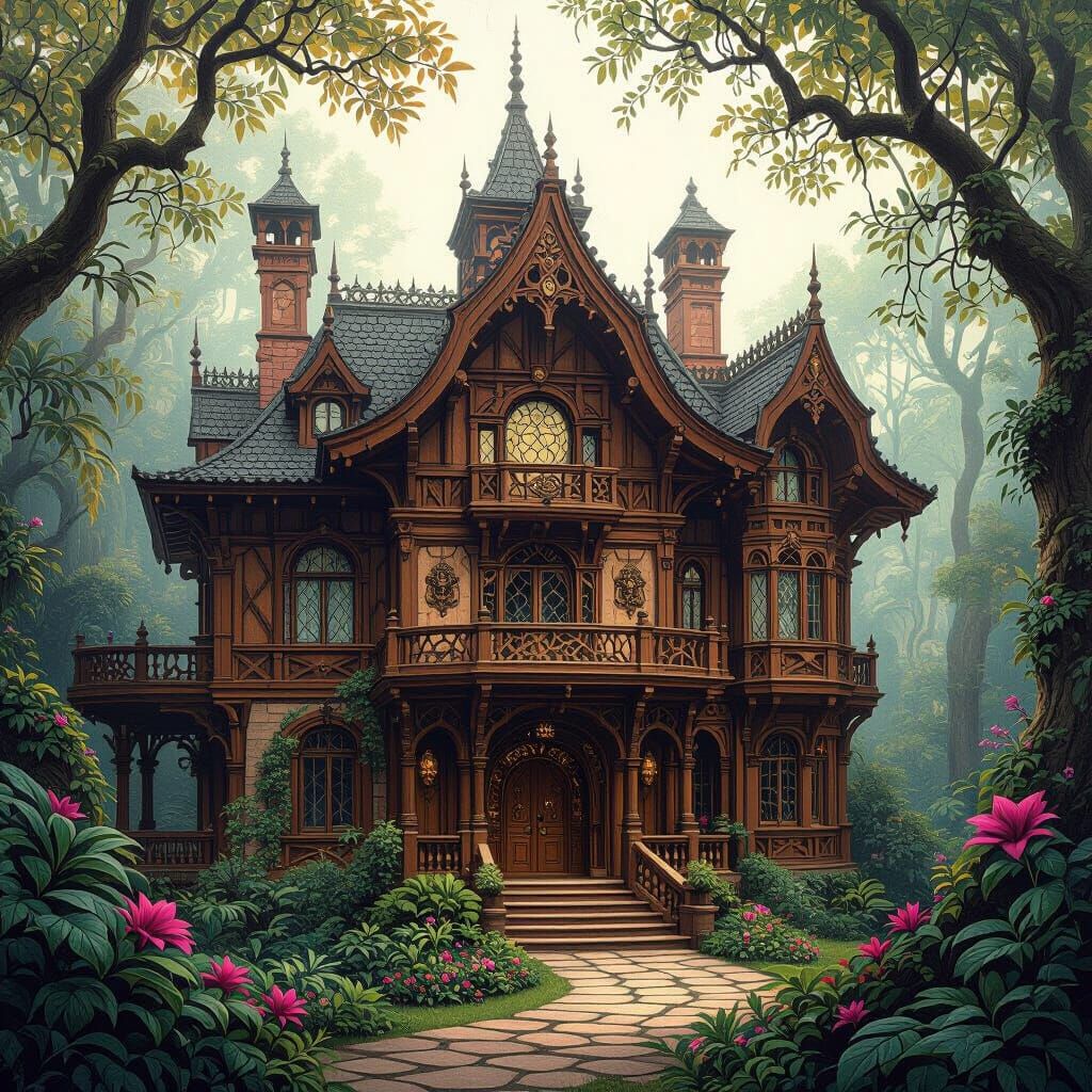 Majestic Wooden Palace in Mystical Forest