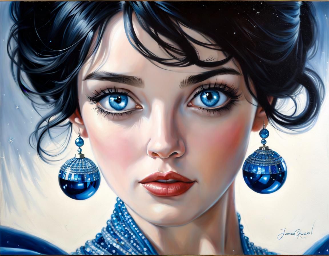 Winter Woman in Shimmering Blue Gown, Oil Painting