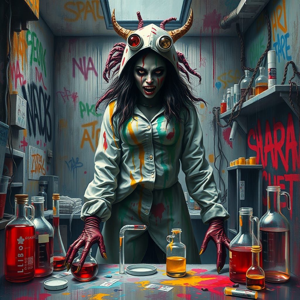 Terrifying Costume in Chemistry Lab Street Art