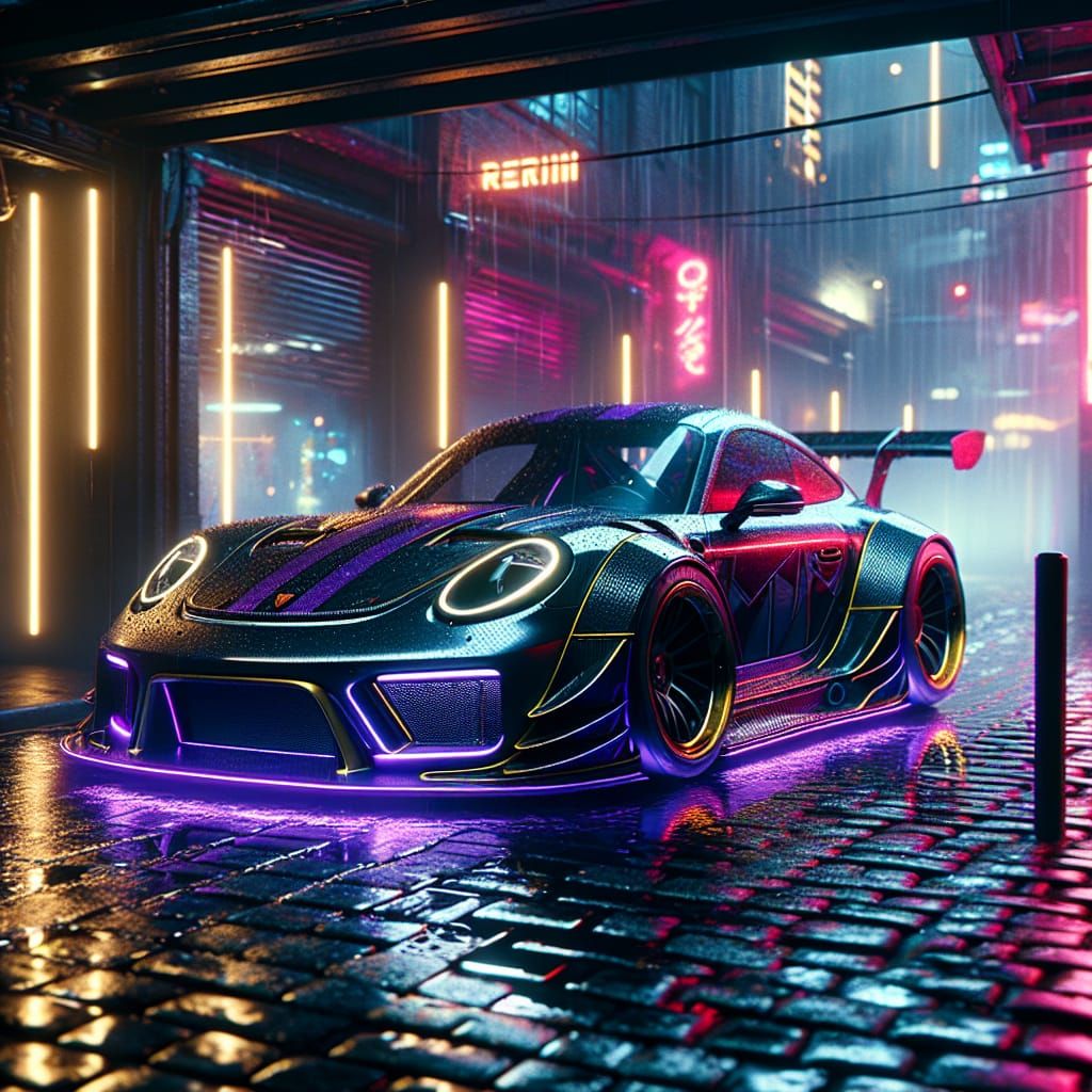 Cyberpunk Porsche in Dark Alley