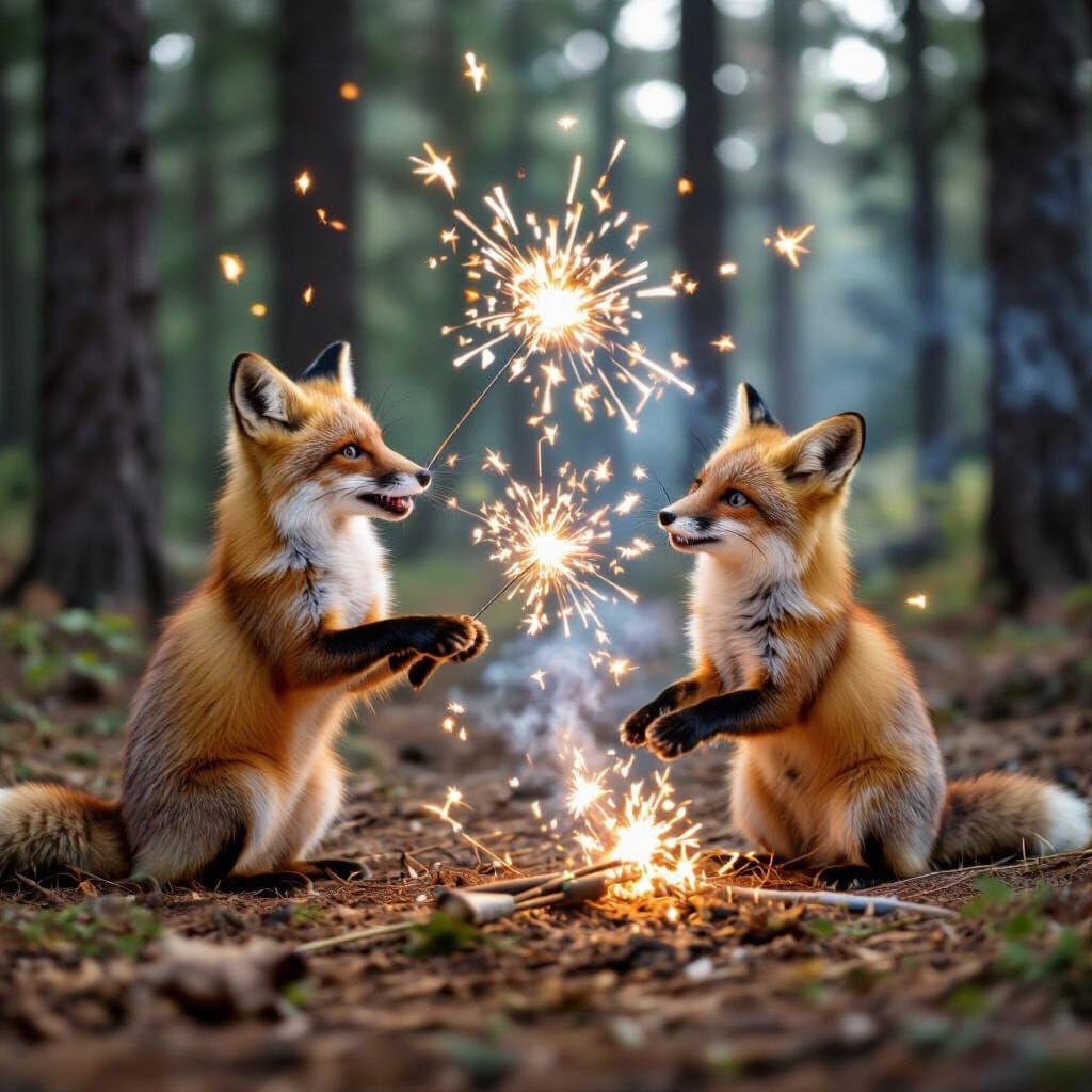 Foxes Celebrate July 4th with Fireworks in Forest
