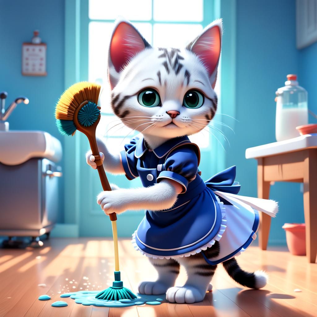 Kitten Maid Cleaning: Pixar-Style 3D Digital Art
