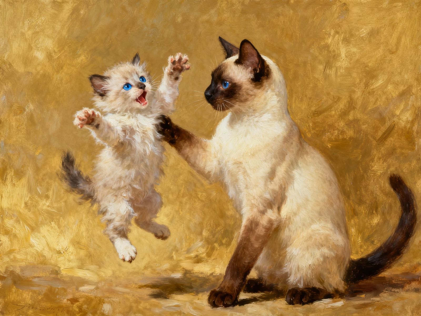 Siamese Cat Family Playing, Detailed Oil Painting