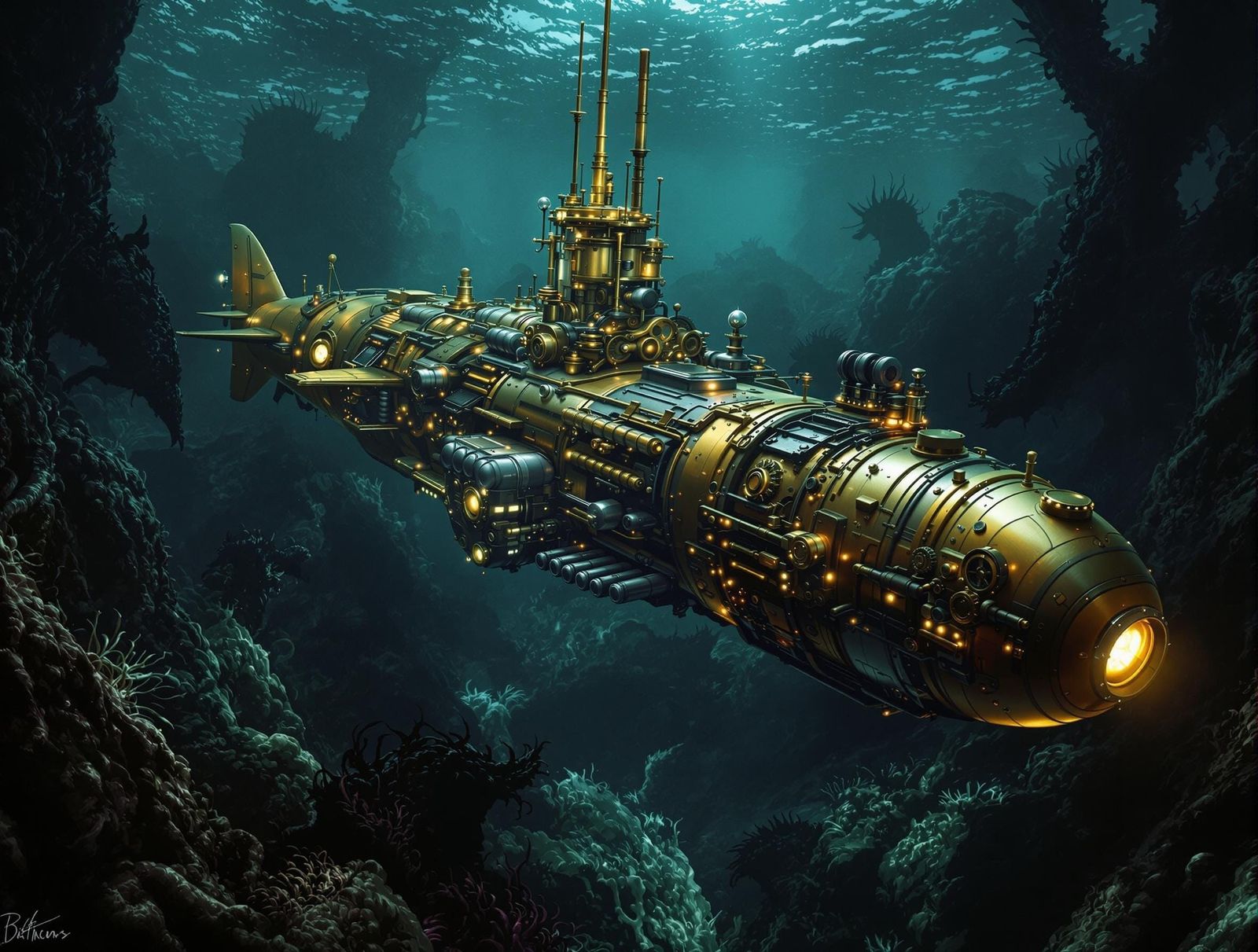 Dieselpunk Submarine in Ocean Trench